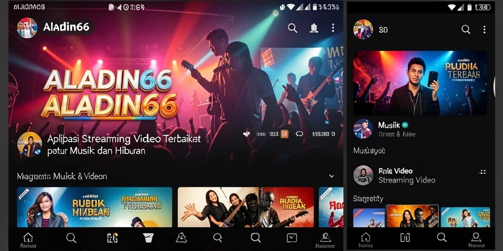 Antarmuka pengguna <strong>ALADIN66</strong> yang menampilkan pilihan video dan musik.